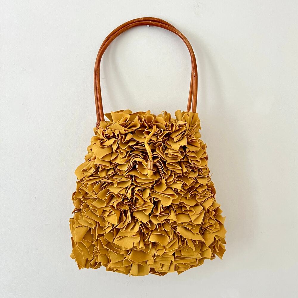 Mustard Yellow Textured Shag Shoulder Handbag with Bamboo Top Handle